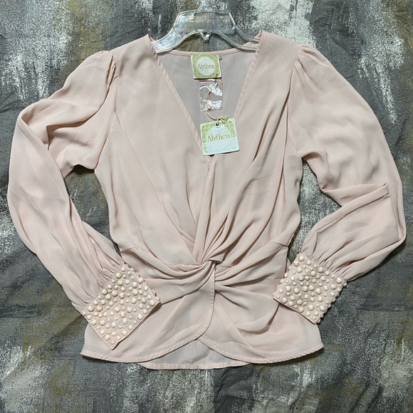 Alythea V-Neck Gathered Knot Jeweled Cuff Top - Picture 3 of 10
